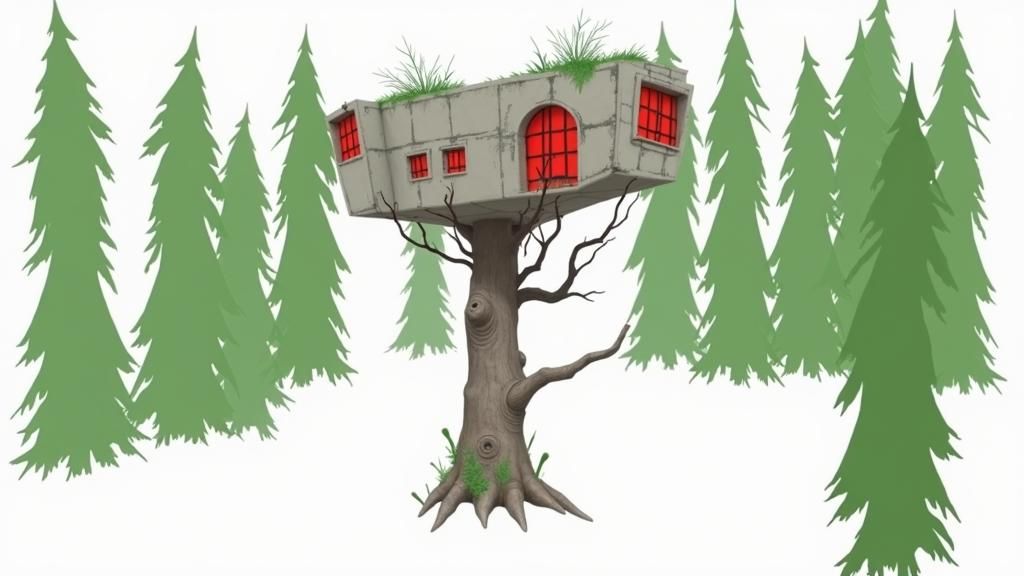 Concrete Treehouse in Overgrown Jungle, Photorealistic Biopu...