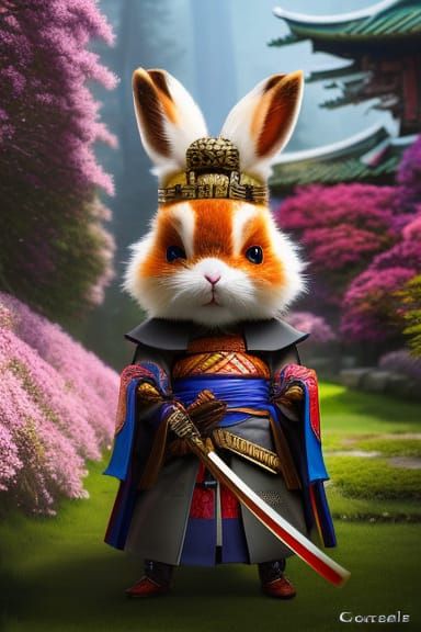 Rabbit Samurai in Bamboo Garden, Detailed Digital Art