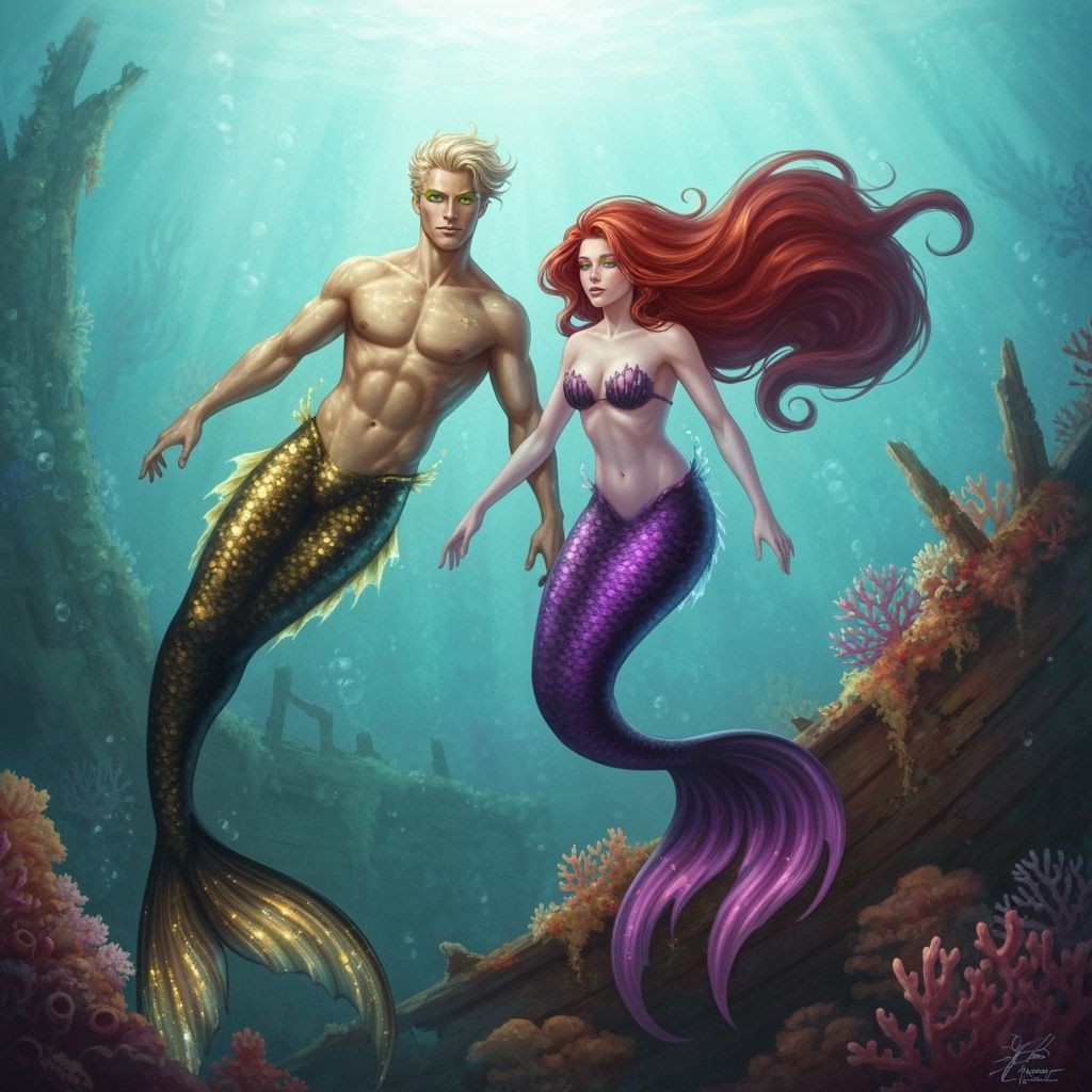 Merman and Mermaid Near Shipwreck, Dreamy Digital Art