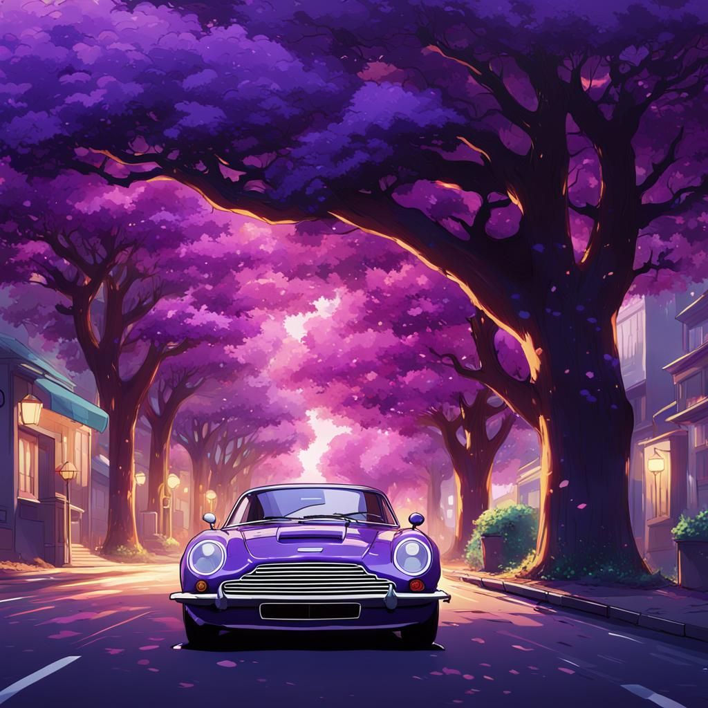 Purple Aston Martin in Anime Key Visual Style