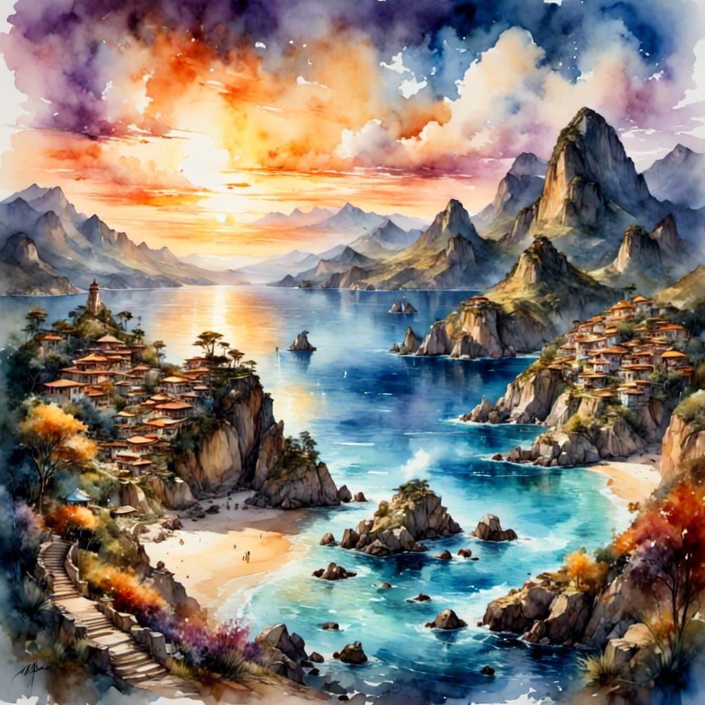 Sunset Over the Coastal Village