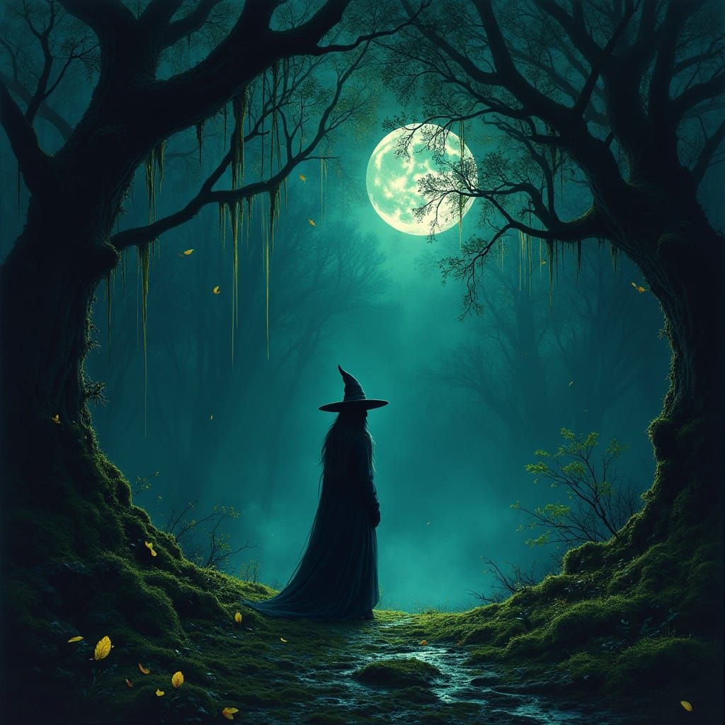 Solitary Witch in Moonlit Grove, Surrealist Style