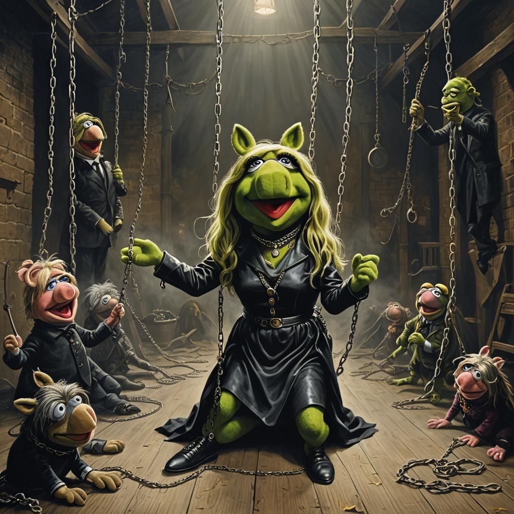2 muppet show character,1. Kermit , kneel on the floor, neck with collar and chain cuffs, black blind fold, happy face, ...