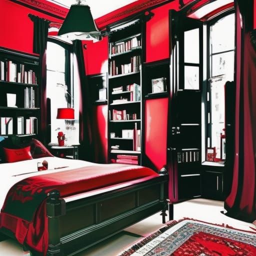 Dark fantasy penthouse with red walls with Black accents& Black Gothic windows with Red Gothic curtains& Black Gothic fu...