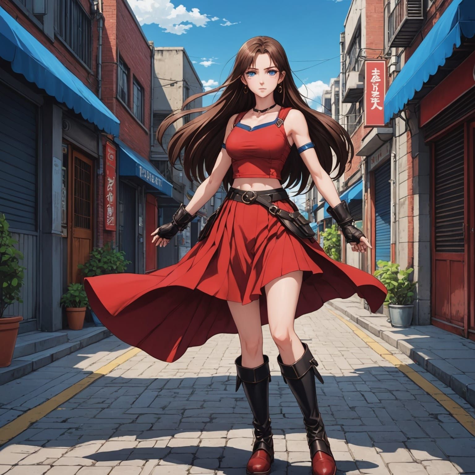 Anime Woman in Red on City Street