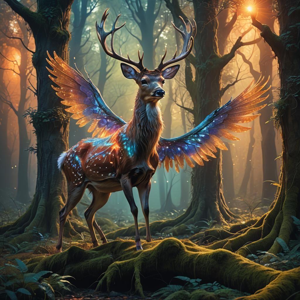 Enchanted Deer with Magic Wings in Forest