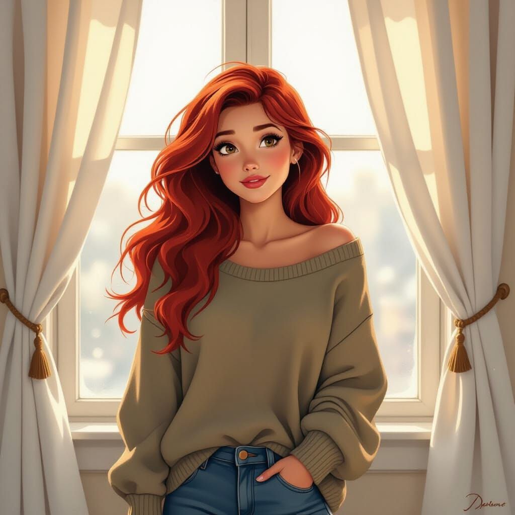 Ariel in Oversized Shirt, Oil Painting Style