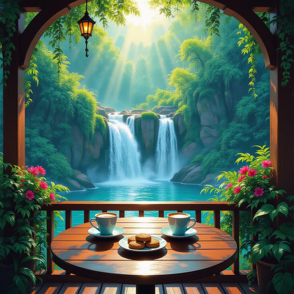 Enchanted Cafe Deck by Cascading Waterfall