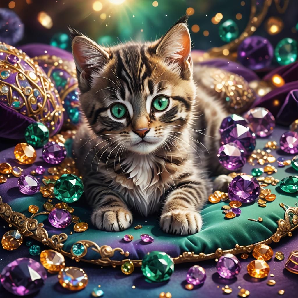 Adorable Kitten Rolls in Gems: Fantasy Art Nouveau