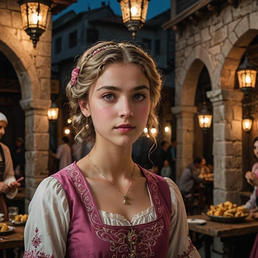 Cute Girl in Turkish Dress at Autumn Night Inn