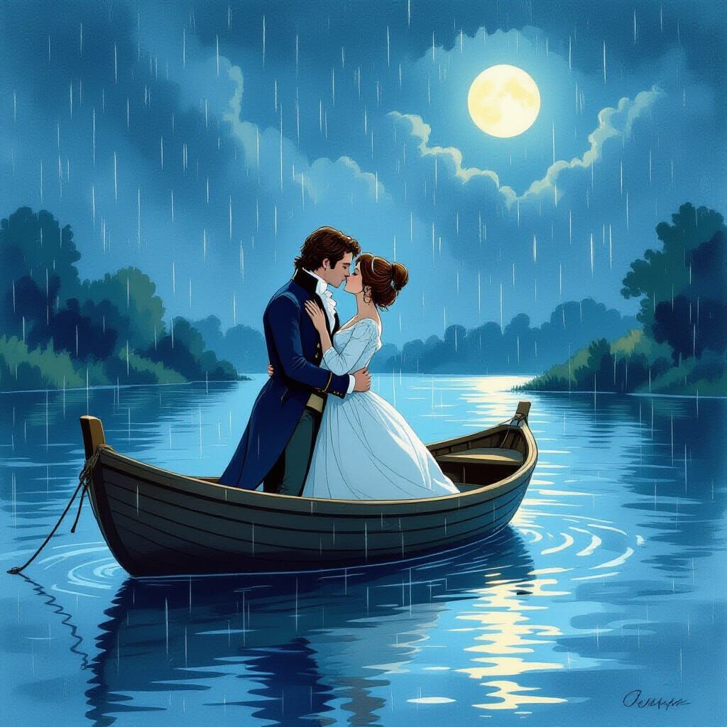 Romantic River Kiss: Regency Couple in Dreamy Watercolor