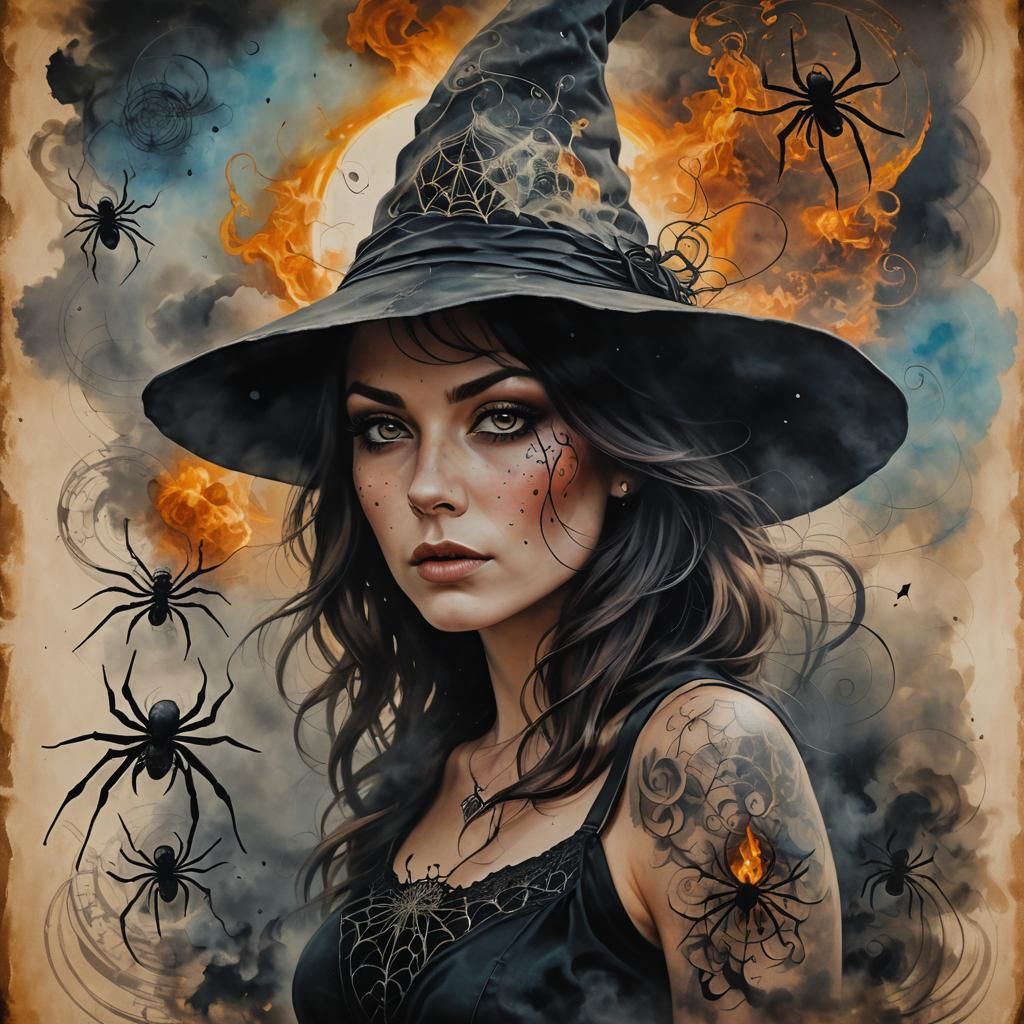 Witch with Spider Tattoos on Burnt Paper