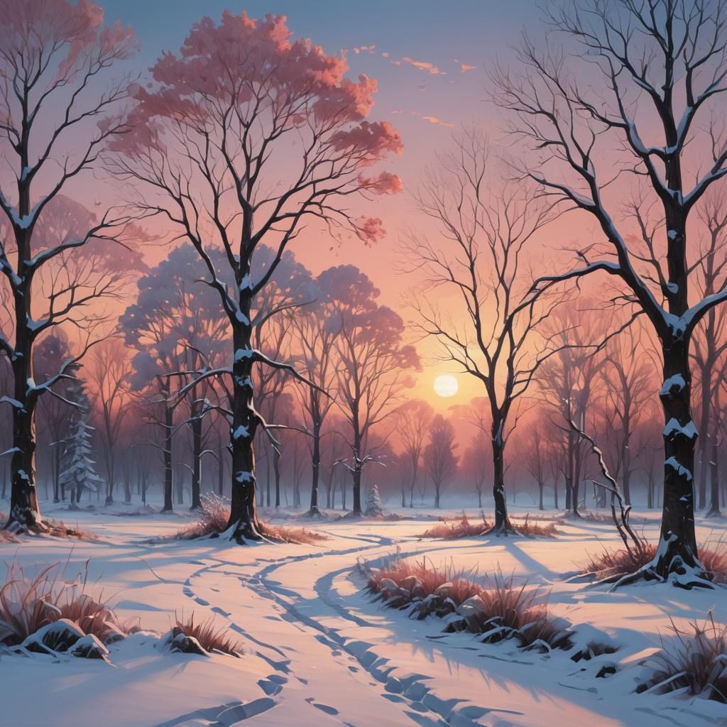 Snowy Field at Sunset: Fantasy Landscape Art