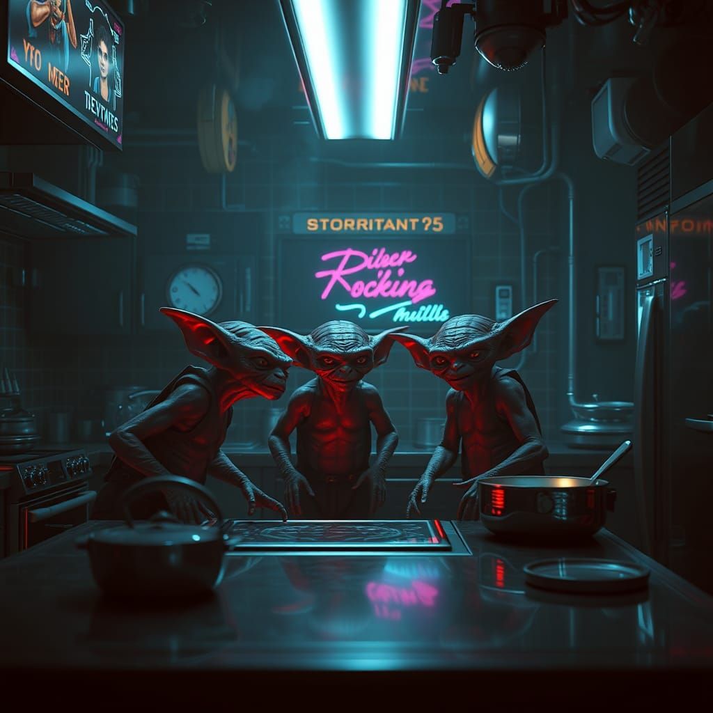 Goblins in High-Tech Cyberpunk Kitchen