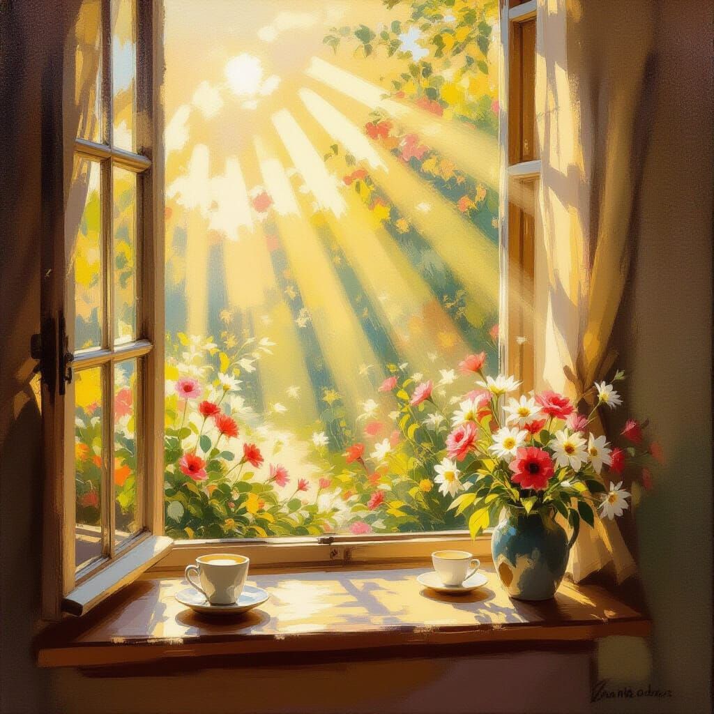 Golden Sunbeams Through Window on Peaceful Morning