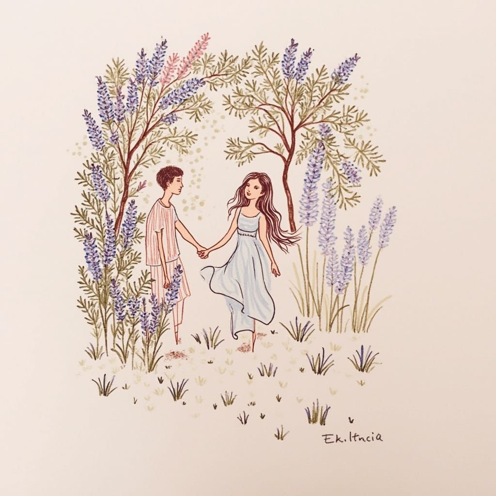 Romantic Forest Stroll in Whimsical Artistic Style