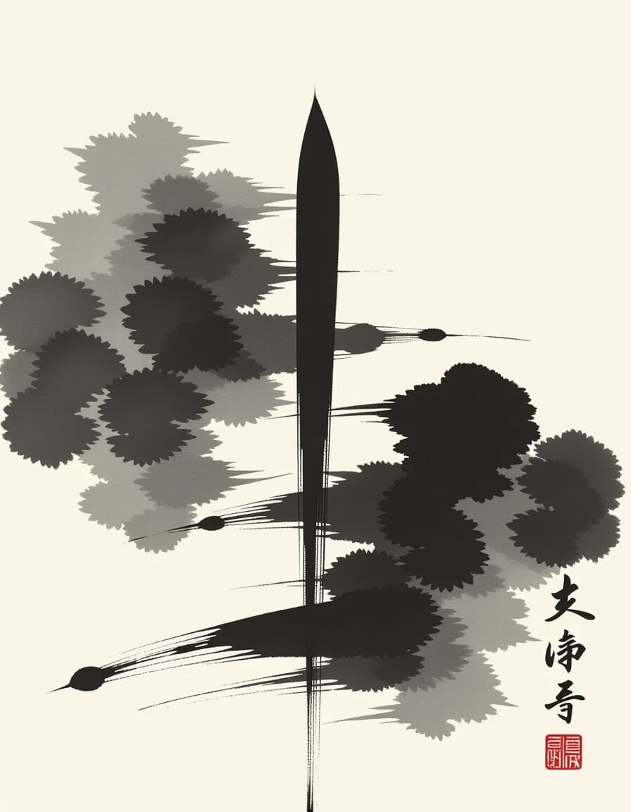 Minimal Monochrome Brushstroke Ink Wash Painting