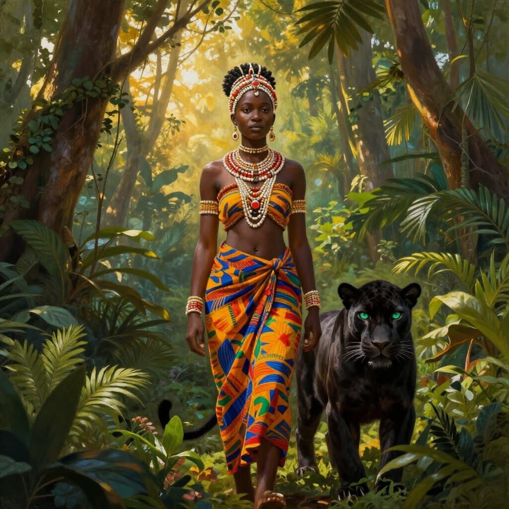 African Princess with Panther in Jungle, Hyperrealistic Digi...