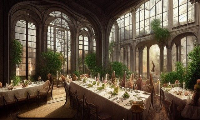 Elegant Atrium Dinner Party: Digital Matte Painting