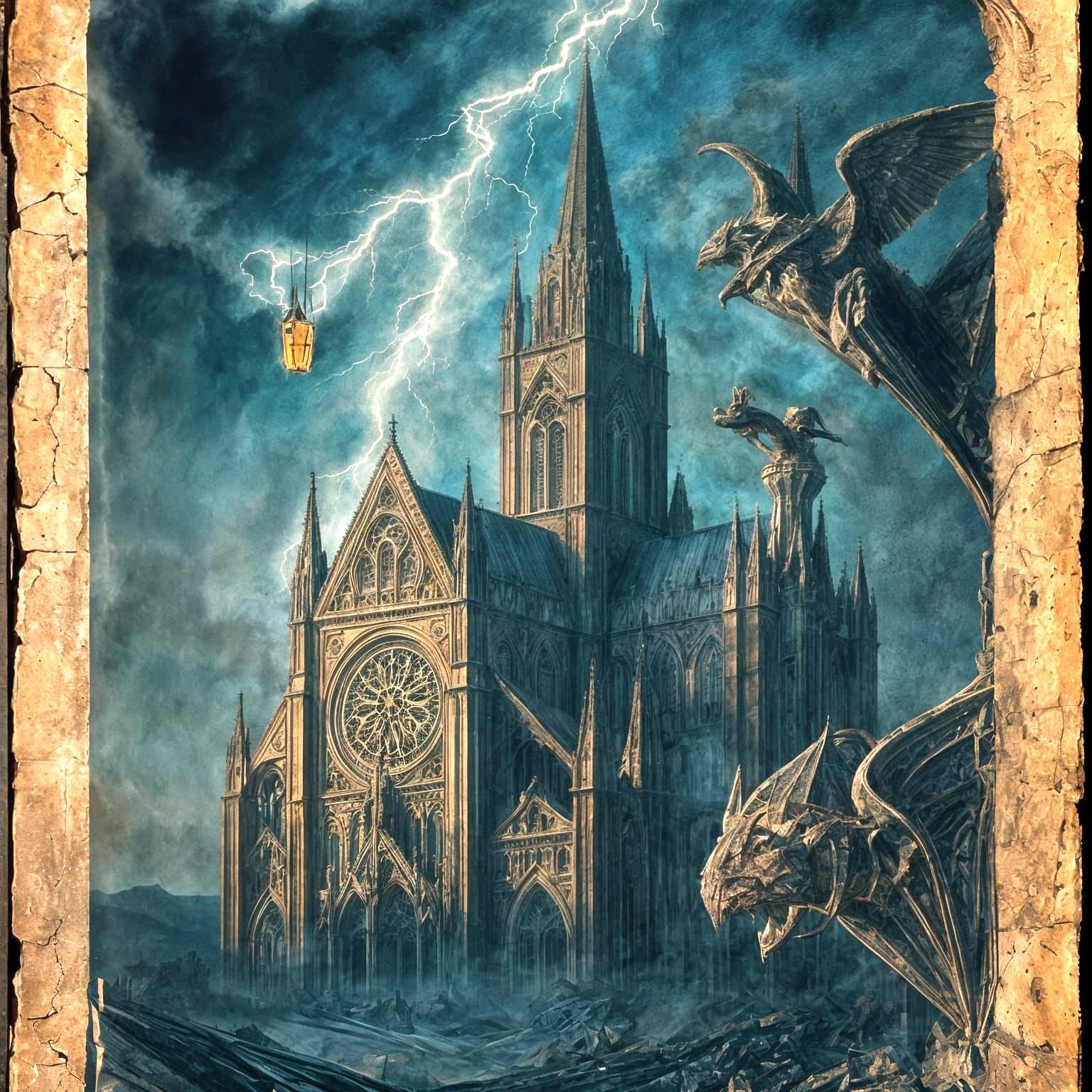 Gothic Cathedral in Desolate Landscape, Golden Age Illustrat...
