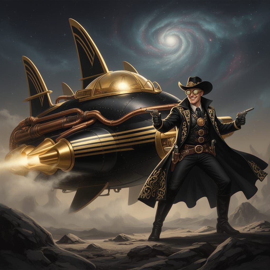Steampunk Space Cowboy in Art Deco Spaceship