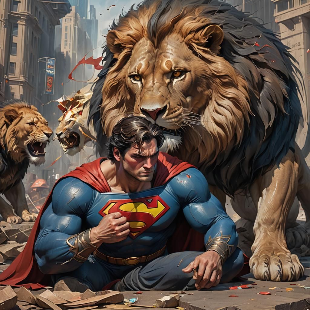 Superman Helping Lion-Man: Detailed Digital Portrait