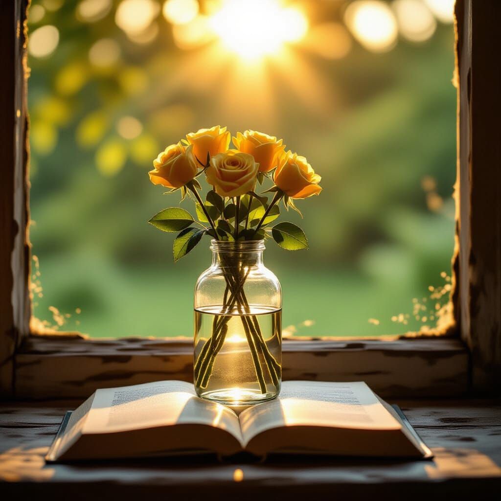 Yellow Roses & Open Book on Rustic University Sill