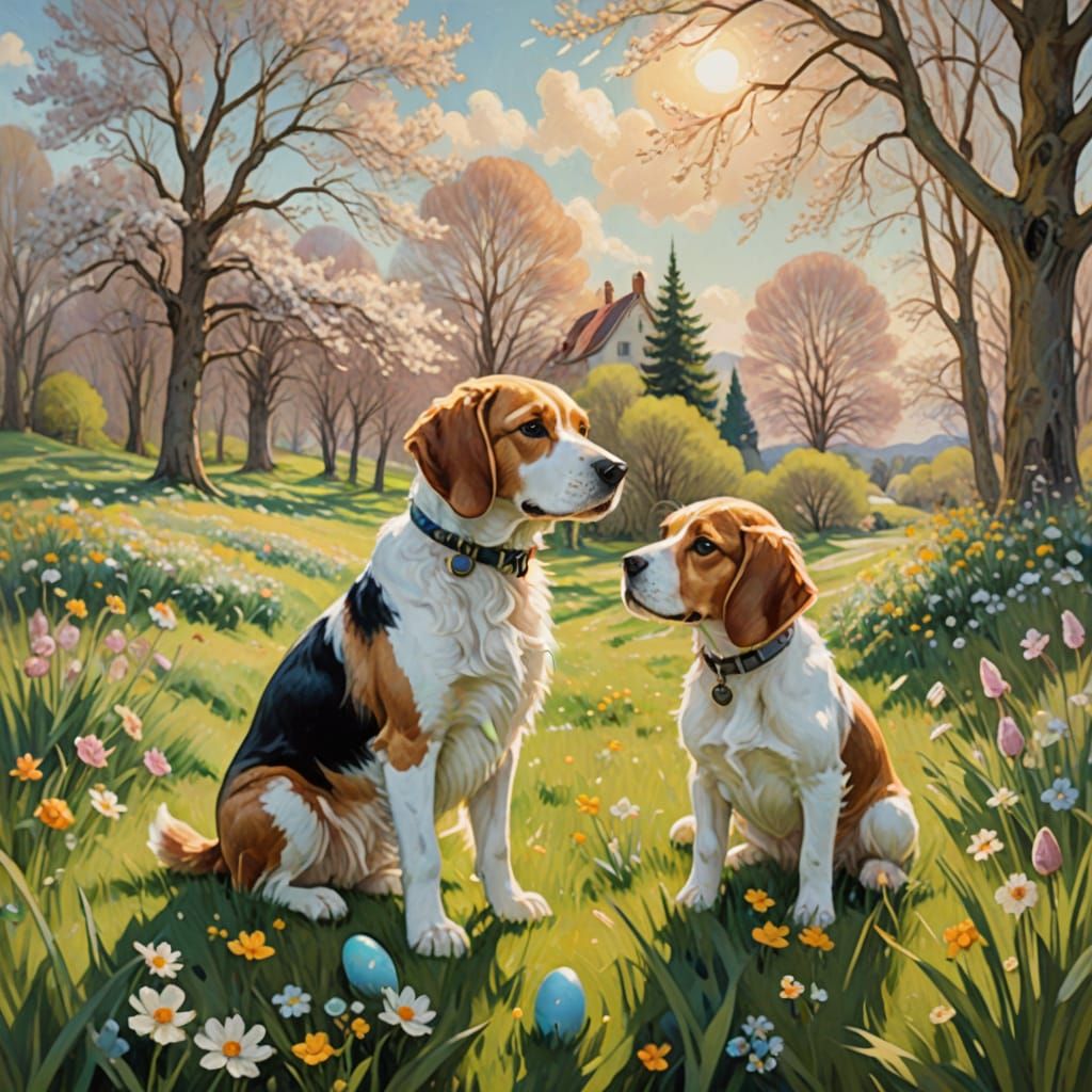 Impressionist Easter Bunny and Easter Beagle in Whimsical Sp...