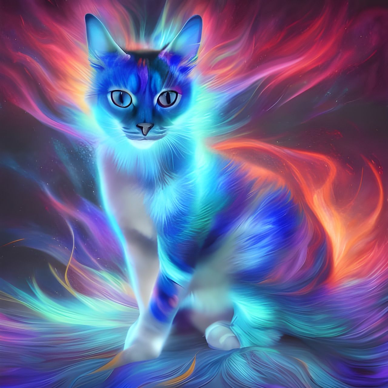 Psychedelic Calico Cat with Blue Flame Hair