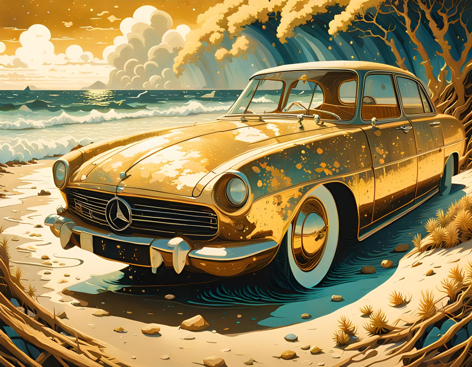 Golden Driftwood on a Beach, Highly Detailed Artwork