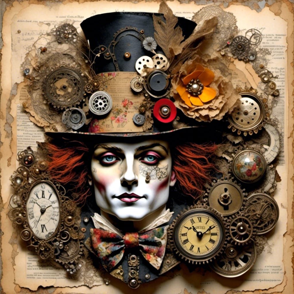 Mad Hatter Mixed Media Collage on Vellum