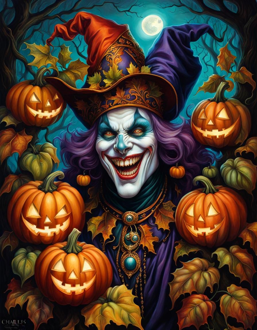Creepy Halloween Jester Portrait in Tarot Art Style