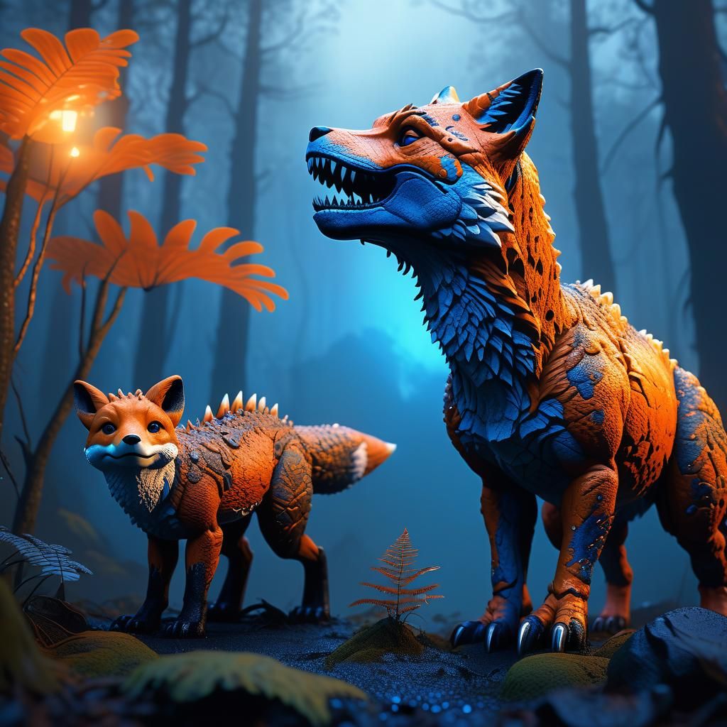 Mythical Fox-Rex Hybrid in Misty Forest: Fantasy Art