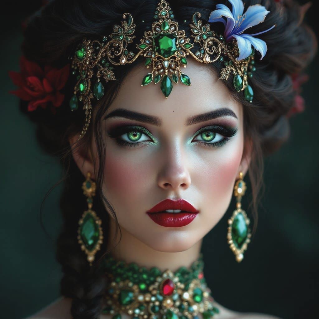 Woman in Exquisite Green and Red Jewelry