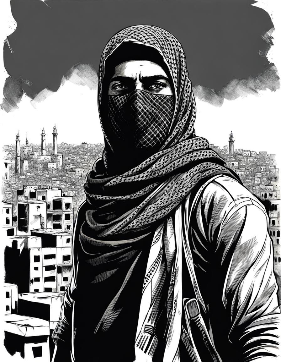Resilient Palestinian Man in Gaza: Ink and Charcoal Portrait