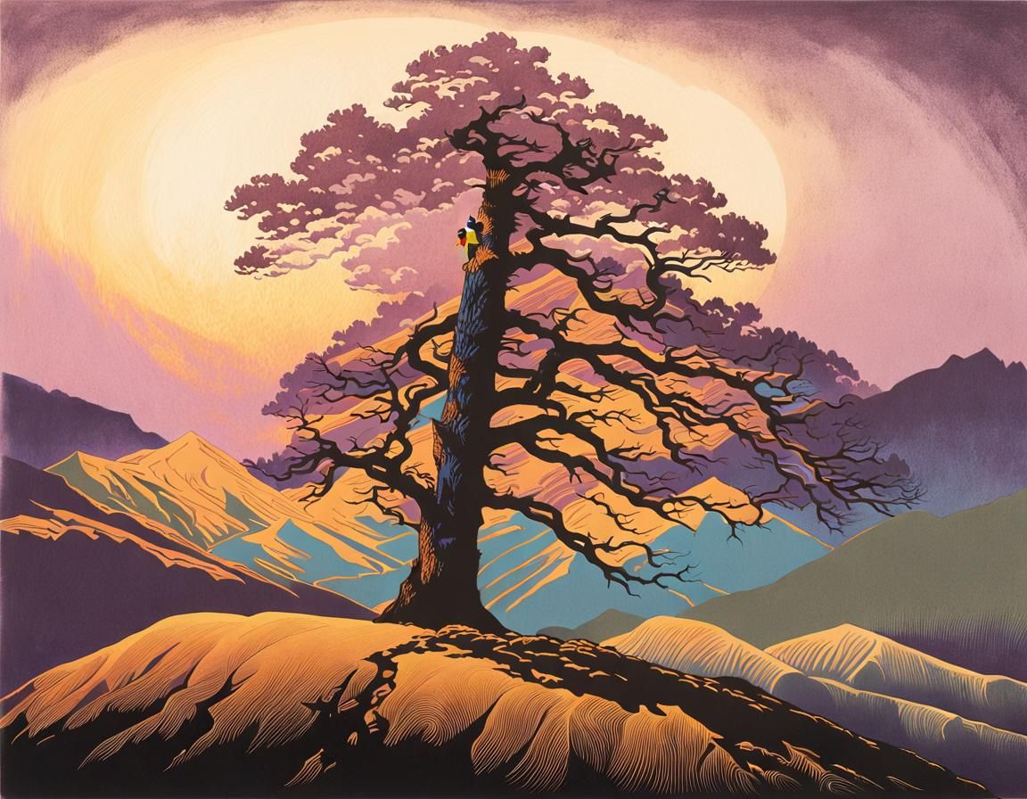 Adventurer on Mountain Peak in Linocut Style