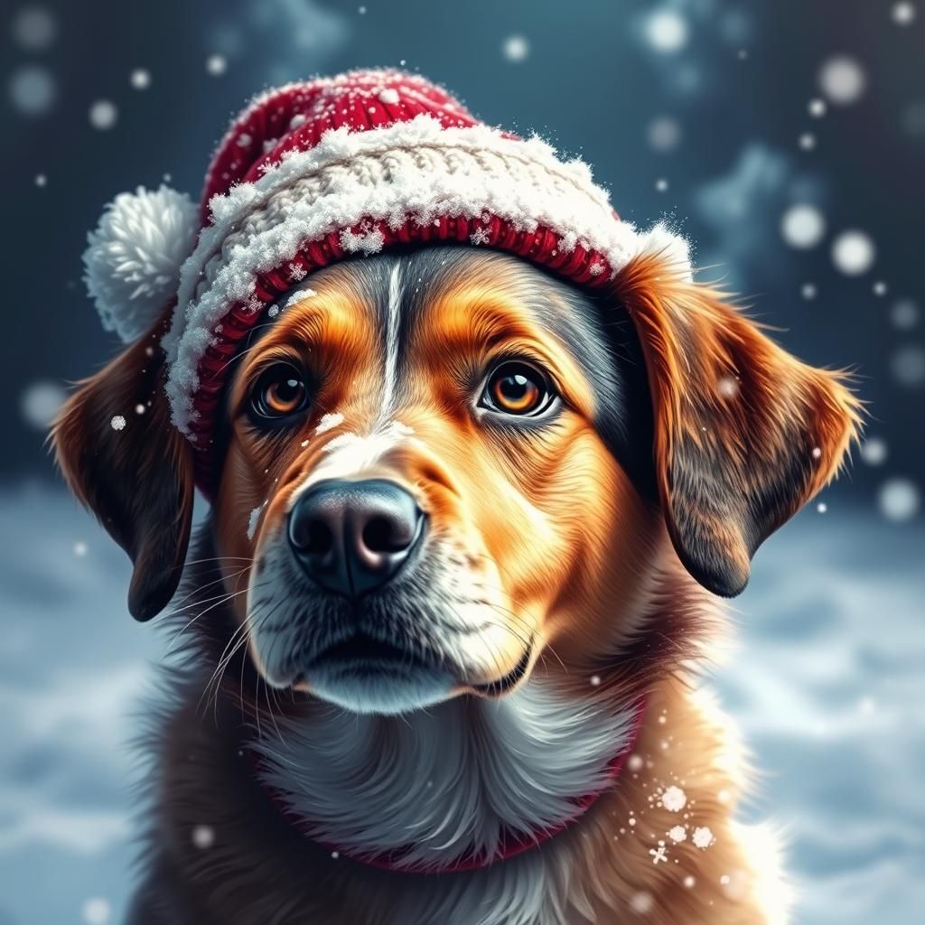 Dog in Snow with Christmas Beanie: Hyperrealistic Splash Art