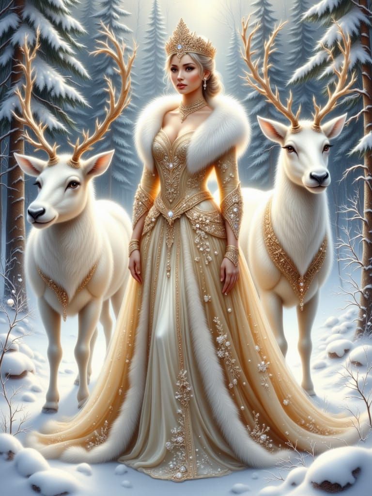 Regal Winter Queen with Reindeer in Snowy Forest Oil Paintin...