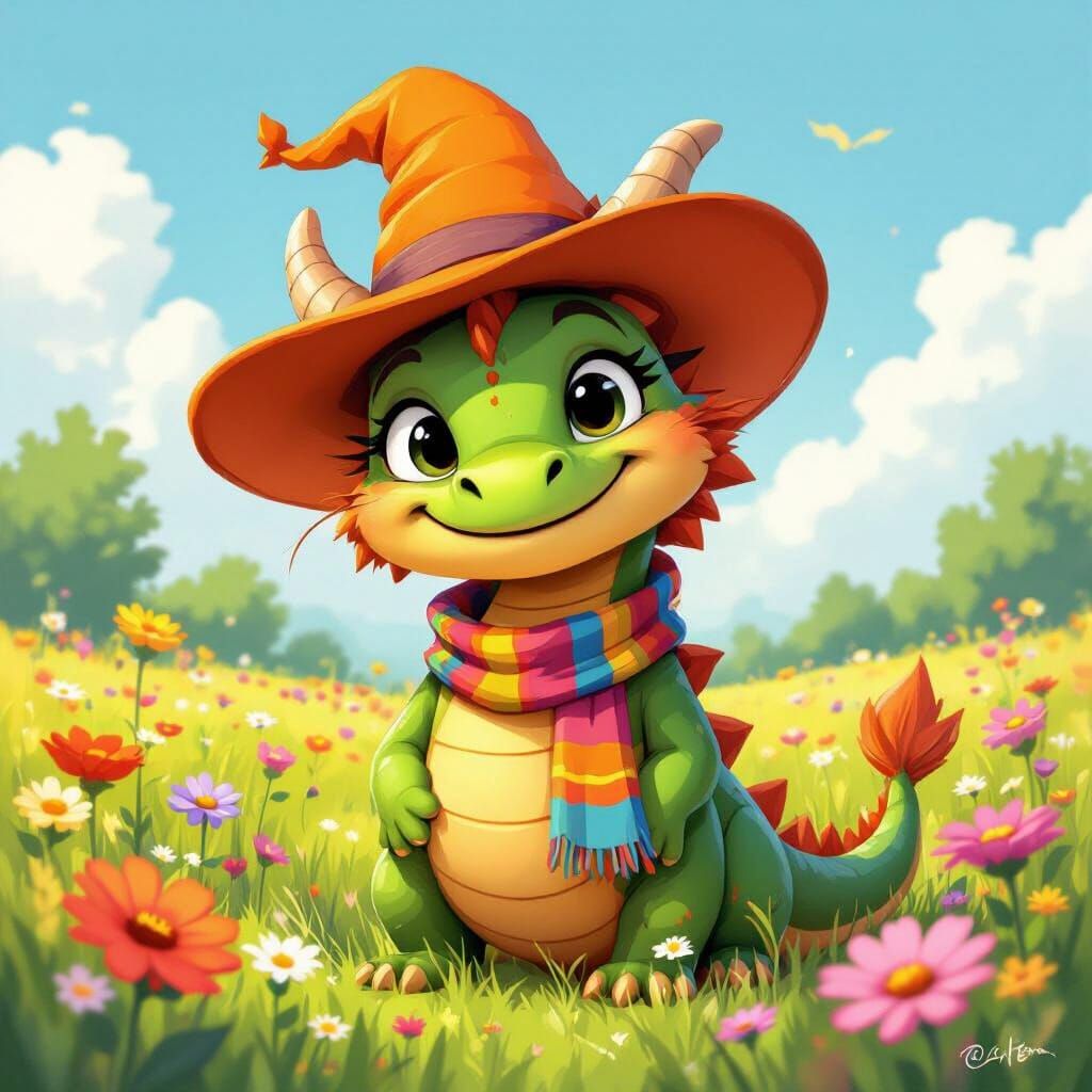 Friendly Cartoon Dragon in Sunny Meadow
