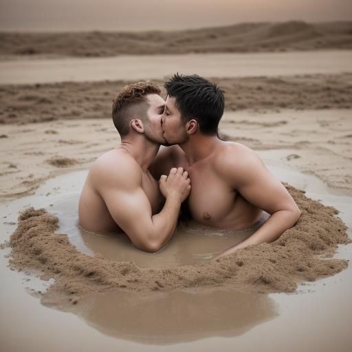 Two Men Kissing While Sinking in Quicksand