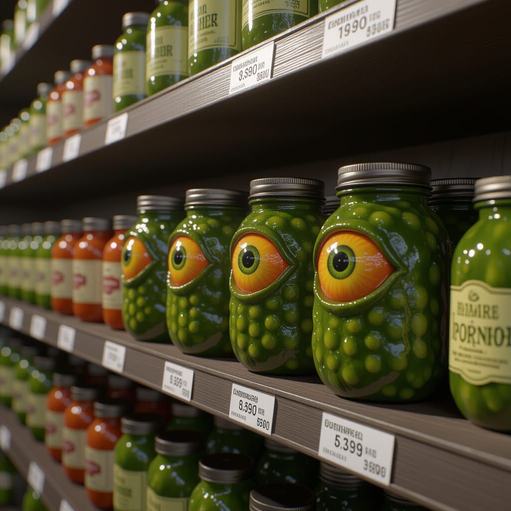 Pickled Eyes on a Store Shelf in Deep Fantasy Art Style
