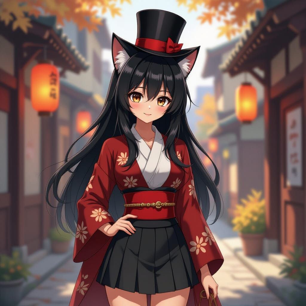 Neko Girl in Vintage Japanese Attire with Mini Top Hat