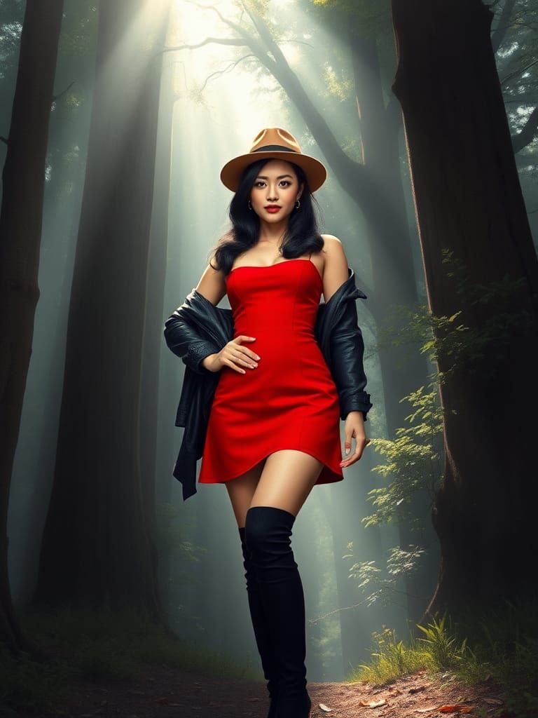 Elegant Woman in Red Dress Posing in Forest