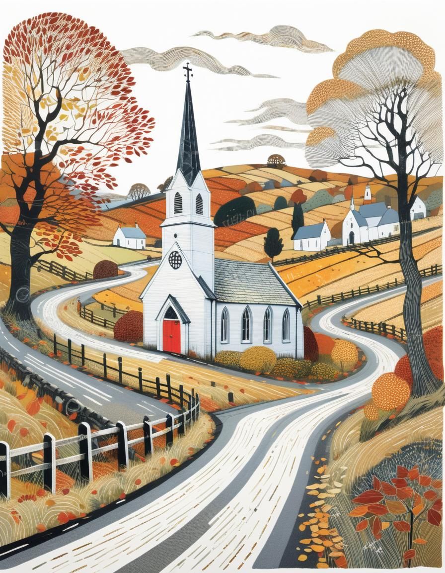 Autumn Country Church Inspired by Woodblock Prints