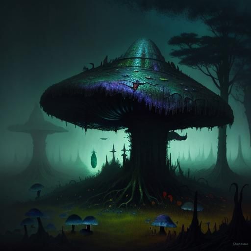 Eerie Swamp Faeries Under Cyclopean Fungus: Surreal Oil Pain...