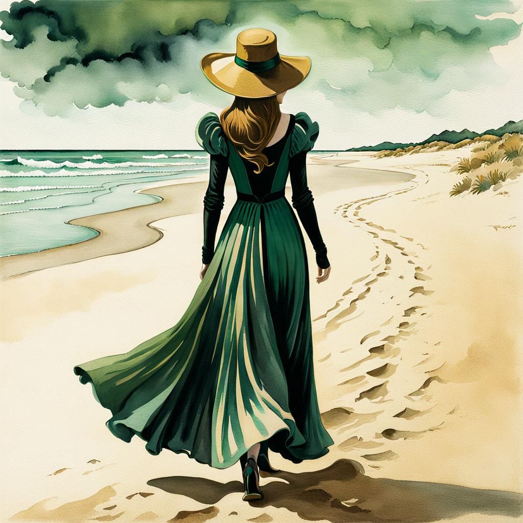 Woman in Hat on Beach in Art Nouveau Style