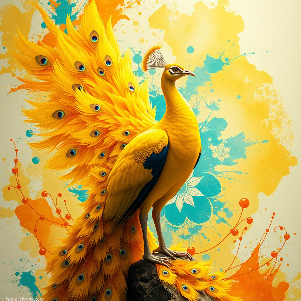 Majestic Yellow Peacock in Art Nouveau Style