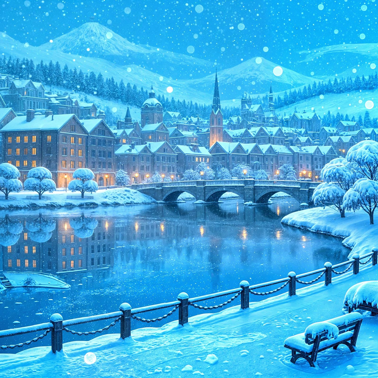 Snowfall Over Frozen City Lake at Serenade View