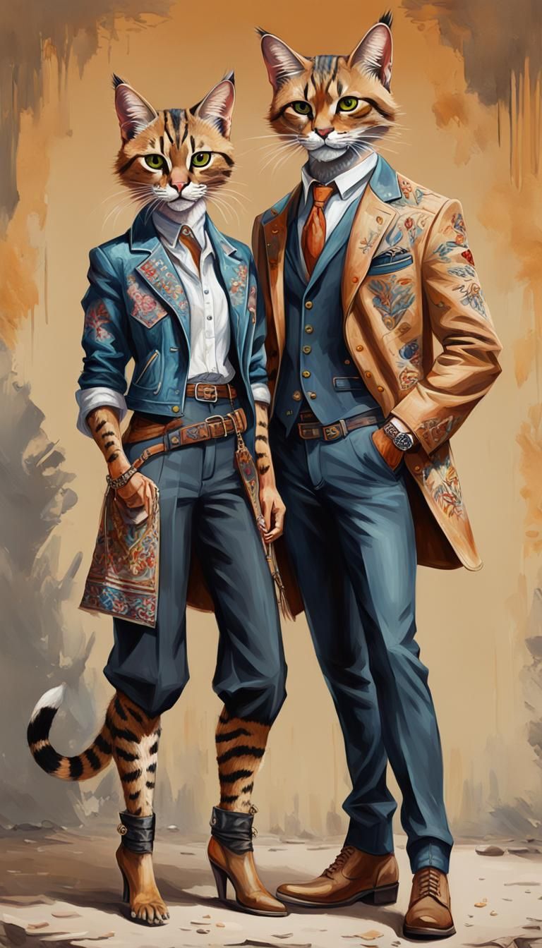 Tabaxi Couple in Gouache Style Portrait