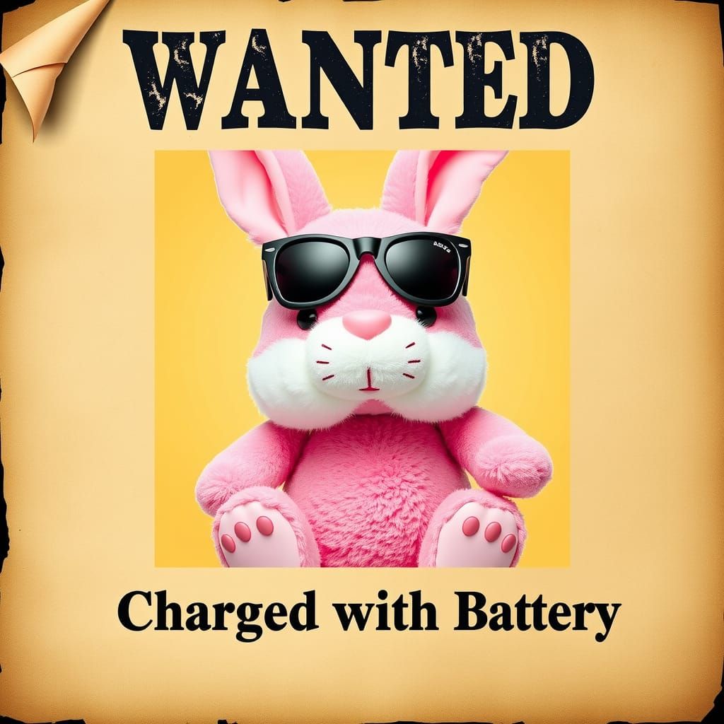 Wanted Poster: Plush Bunny Charged with Battery